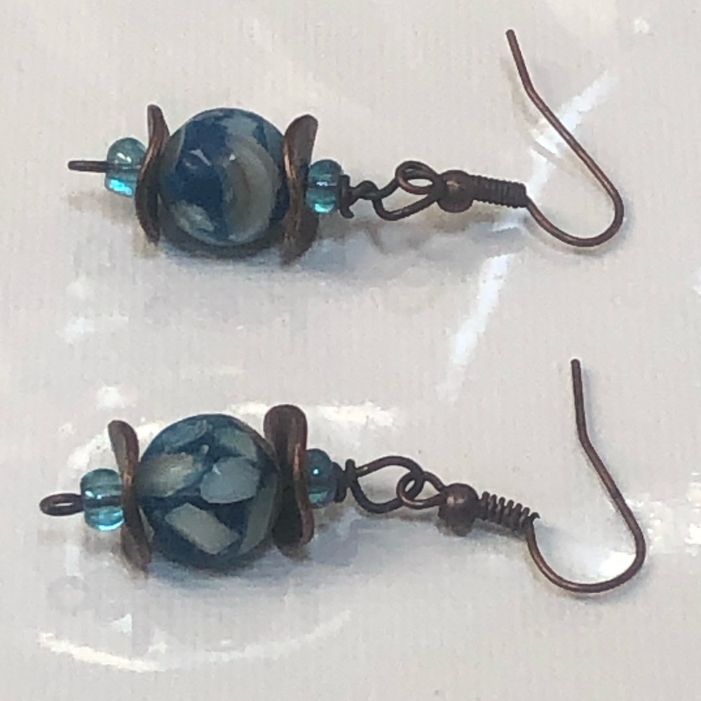 Blue and White Glass Bead Earrings - Copper disc
